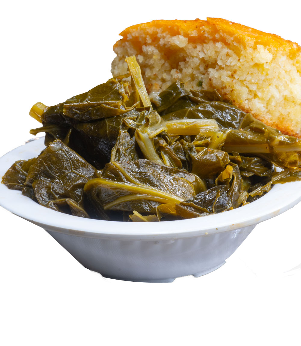 Enjoy our collard greens, slow-cooked to tender perfection with smoked meat and spices, offering a true taste of Southern tradition.