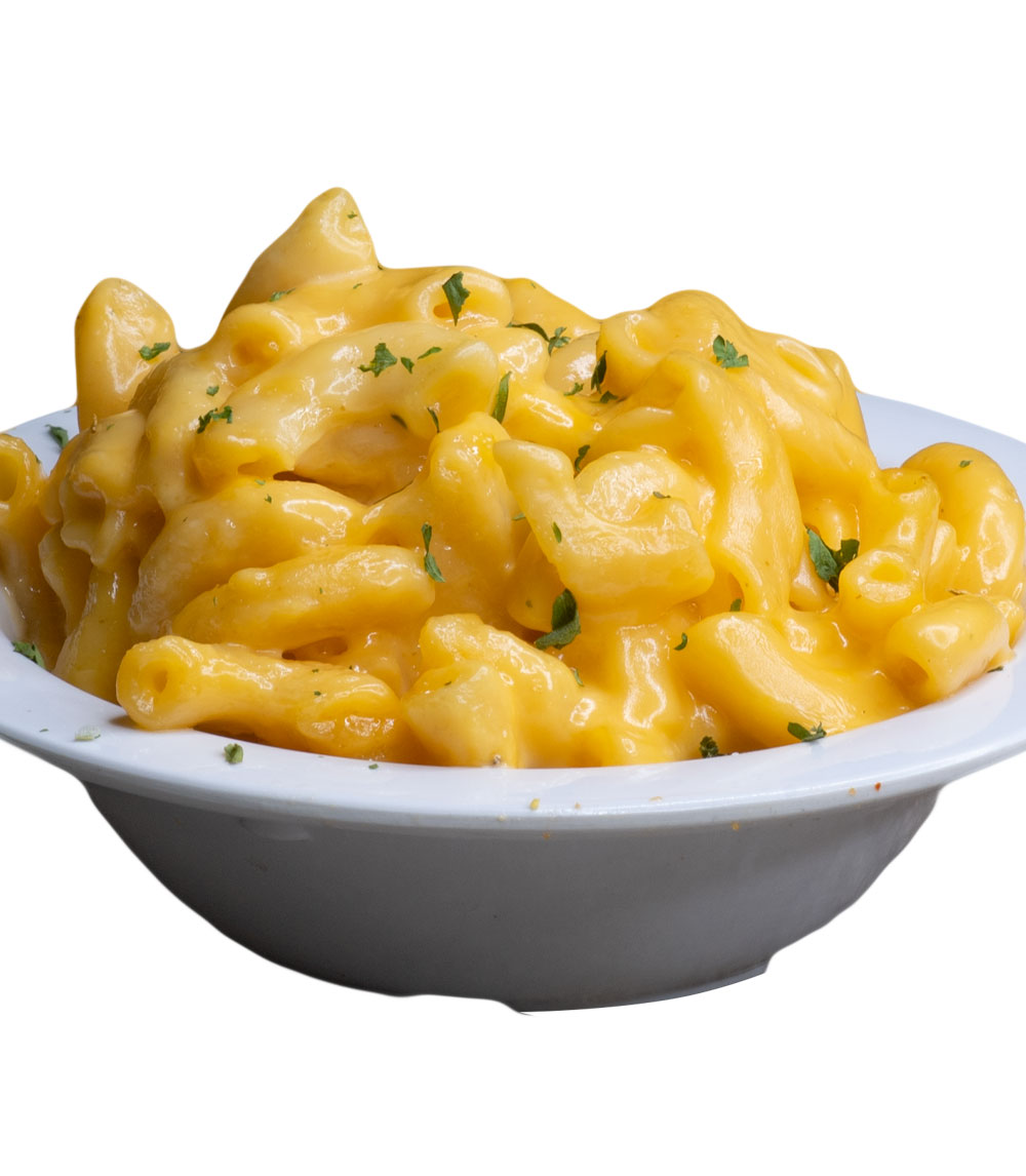 Indulge in creamy mac and cheese, a classic comfort food featuring tender pasta enveloped in a rich blend of cheeses.