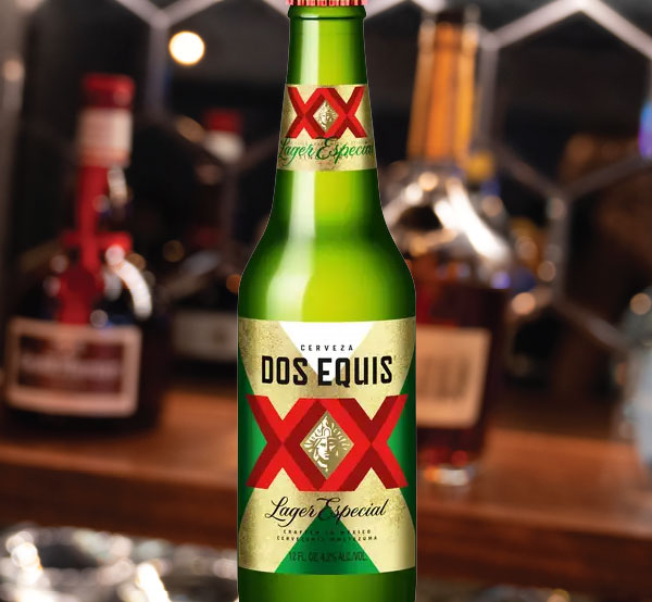 Chilled Dos Equis, a flavorful lager that adds a refreshing touch to your meal.