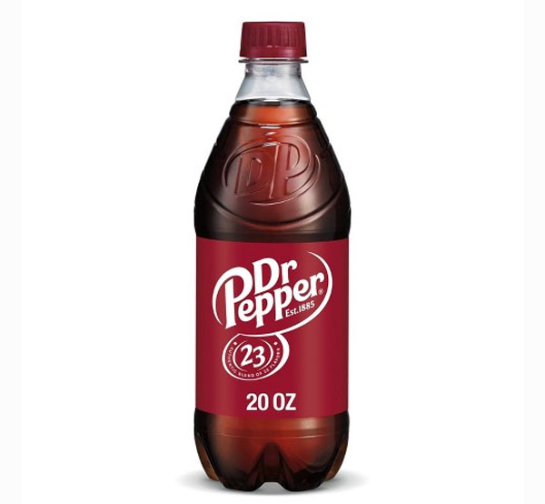 Classic Dr Pepper, served ice-cold in a glass bottle, offering a unique blend of flavors.