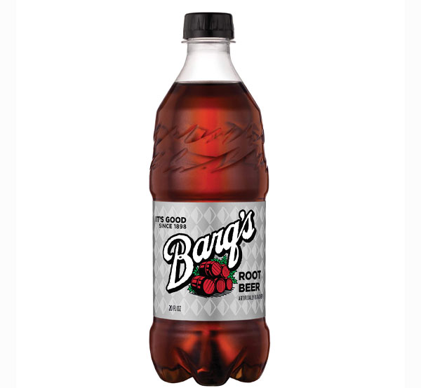 A chilled bottle of Barq's Root Beer, showcasing its iconic branding and rich, frothy appearance.