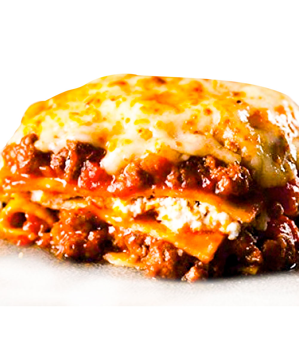 Indulge in our hearty beef lasagna, layers of tender pasta, rich meat sauce, and melted cheese baked to perfection for a comforting and satisfying meal.